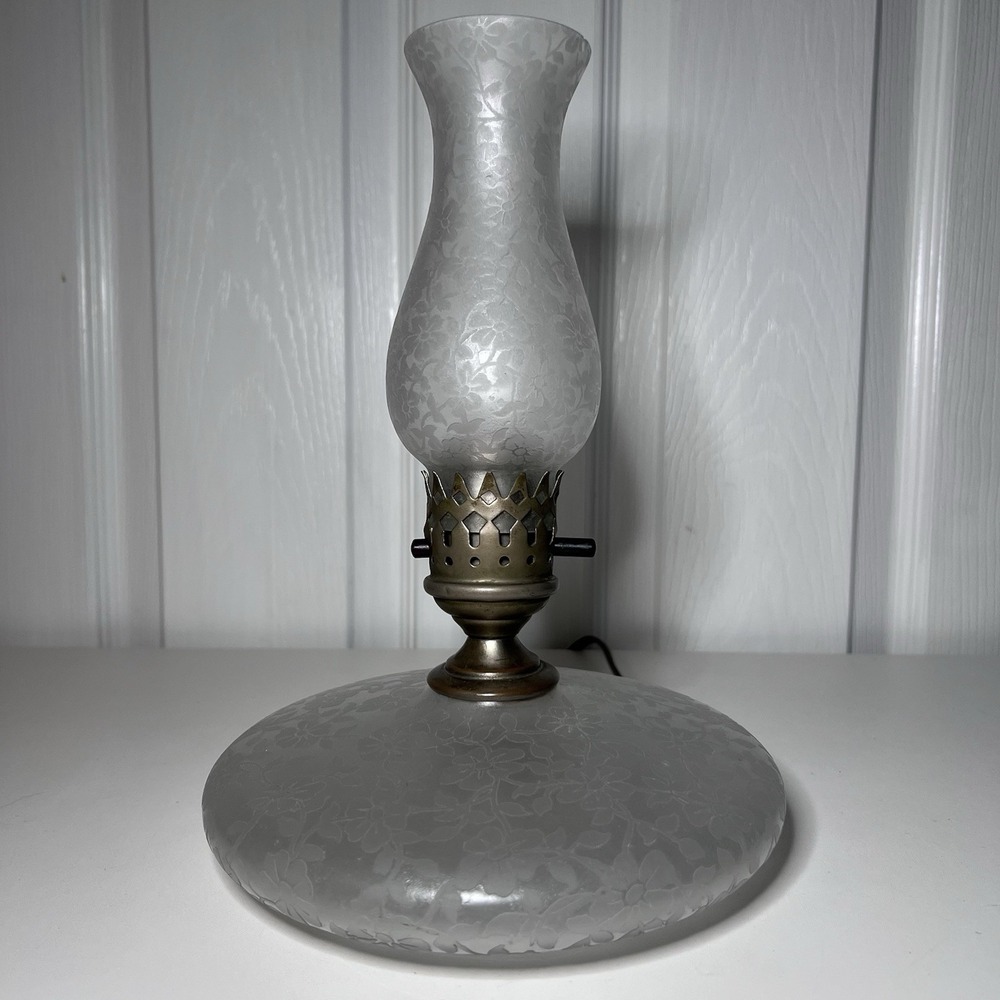 Vintage Beautiful Crystal Frosted Floral Etched Hurricane Pancake Lamp